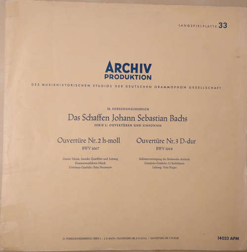 Cover Johann Sebastian Bach − Gustav Scheck, Kammermusikkreis Scheck, Fritz Neumeyer, Solistenvereinigung Der Bachwoche Ansbach, Li Stadelmann, Fritz Rieger - Ouvertüre Nr. 2 H-Moll BWV 1067 / Ouvertüre Nr. 3 D-Dur BWV 1068 (LP, Mono) Schallplatten Ankauf