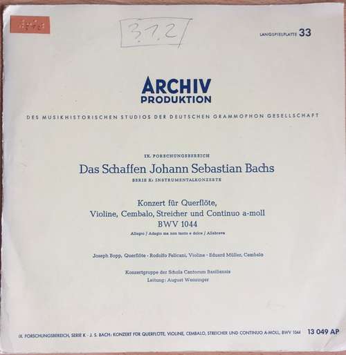 Cover Johann Sebastian Bach - Konzert Für Querflöte, Violine, Cembalo, Streicher Und Continuo A-moll BWV 1044 (10, Mono) Schallplatten Ankauf