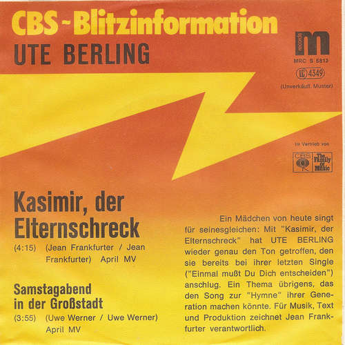 Cover Ute Berling - Kasimir Der Elternschreck (7, Single, Promo) Schallplatten Ankauf