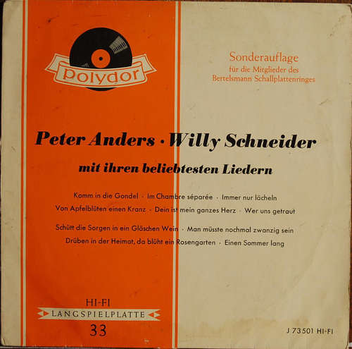 Cover Peter Anders (2), Willy Schneider - Peter Anders • Willy Schneider Mit Ihren Beliebtesten Liedern (10, Comp, Mono, Club, RP) Schallplatten Ankauf