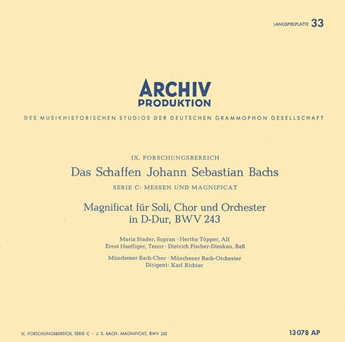 Cover Johann Sebastian Bach, Maria Stader ∙ Hertha Töpper, Ernst Haefliger ∙ Dietrich Fischer-Dieskau, Münchener Bach-Chor ∙ Münchener Bach-Orchester, Karl Richter - Magnificat Für Soli, Chor Und Orchester In D-Dur, BWV 243 (10, Mono) Schallplatten Ankauf