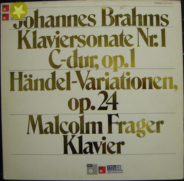 Cover Johannes Brahms, Malcolm Frager - Klaviersonate Nr. 1 C-dur, Op. 1 • Händel-Variationen, Op. 24 (LP) Schallplatten Ankauf