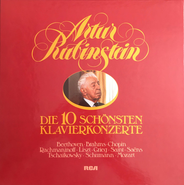 Cover Arthur Rubinstein - Chopin* . Brahms* . Beethoven* . Grieg* . Mozart* . Liszt* . Saint-Saëns* . Rachmaninoff* . Schumann* . Tchaikowsky* - Die 10 Schönsten Klavierkonzerte (7xLP, Comp + Box, Comp) Schallplatten Ankauf
