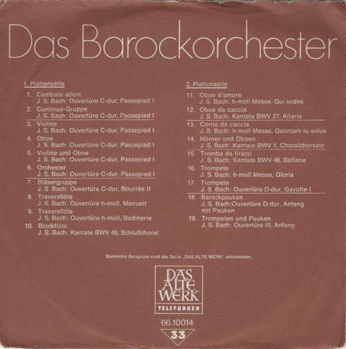 Cover J. S. Bach* - Das Barockorchester (Demonstrationsplatte Mit Originalinstrumenten) (7, Promo) Schallplatten Ankauf