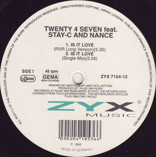 Cover Twenty 4 Seven Featuring Stay-C And Nance - Is It Love (12) Schallplatten Ankauf