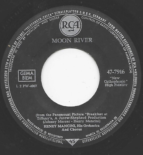 Cover Henry Mancini, His Orchestra And Chorus* - Breakfast At Tiffany's / Moon River (7, Single) Schallplatten Ankauf