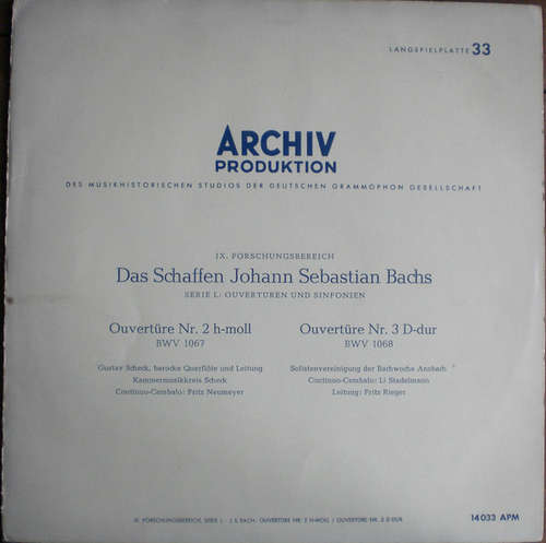 Bild Johann Sebastian Bach − Gustav Scheck, Kammermusikkreis Scheck, Fritz Neumeyer, Solistenvereinigung Der Bachwoche Ansbach, Li Stadelmann, Fritz Rieger - Ouvertüre Nr. 2 H-Moll BWV 1067 / Ouvertüre Nr. 3 D-Dur BWV 1068 (LP, Mono, RP) Schallplatten Ankauf