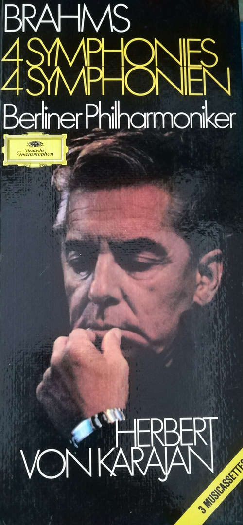 Cover Johannes Brahms - Berliner Philharmoniker, Herbert von Karajan - 4 Symphonies - 4 Symphonien (3xCass + Box, RE) Schallplatten Ankauf