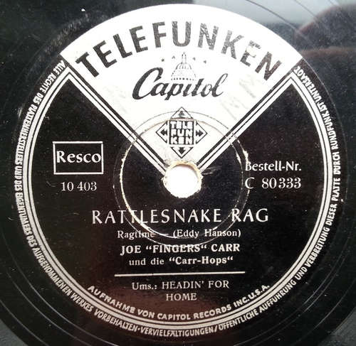 Cover Joe Fingers Carr Und Die Carr-Hops* - Rattlesnake Rag / Headin' For Home (Shellac, 10) Schallplatten Ankauf