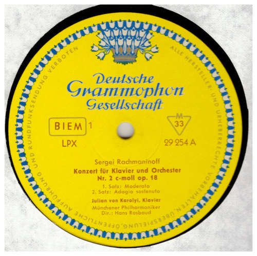 Cover Sergei Rachmaninoff*, Julian Von Karolyi, Münchner Philharmoniker, Hans Rosbaud - Konzert für Klavier und Orchester Nr. 2 In C-moll, Prélude Nr. 1 Cis-moll Op. 3 Nr. 2, Prélude Nr. 6 G-moll Op. 23 Nr. 5 (LP) Schallplatten Ankauf