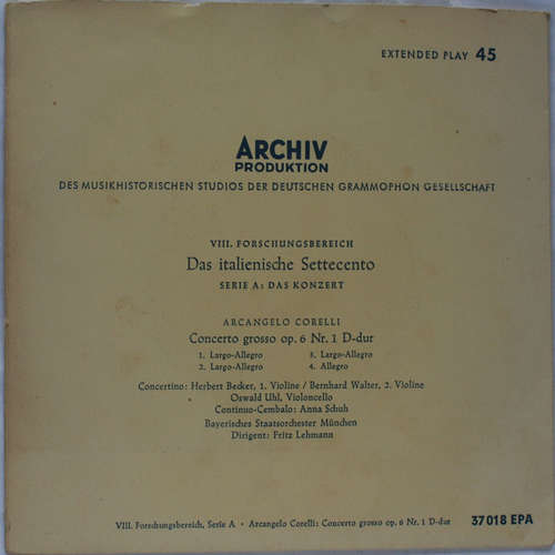 Cover Arcangelo Corelli - Concerto Grosso Op. 6 Nr. 1 D-dur (7, EP, Mono) Schallplatten Ankauf