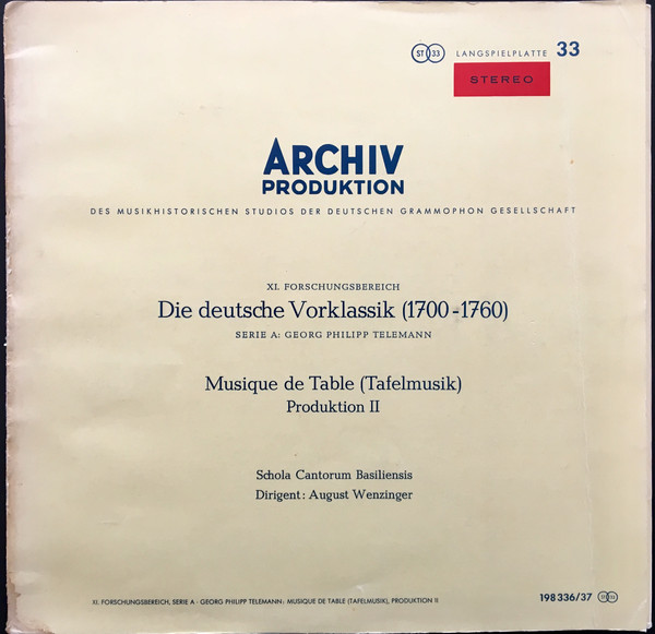 Cover Georg Philipp Telemann / Schola Cantorum Basiliensis - August Wenzinger - Musique De Table (Tafelmusik-Banquet Music) - Production II (2xLP) Schallplatten Ankauf
