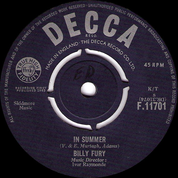 Cover Billy Fury - In  Summer (7, Single) Schallplatten Ankauf