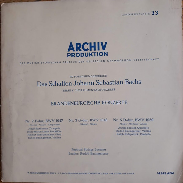 Bild Johann Sebastian Bach - Festival Strings Lucerne Leader: Rudolf Baumgartner - Brandenburgische Konzerte Nr. 2 F-dur / Nr. 3 G-dur /  Nr. 5 D-dur (LP, Mono, Gat) Schallplatten Ankauf