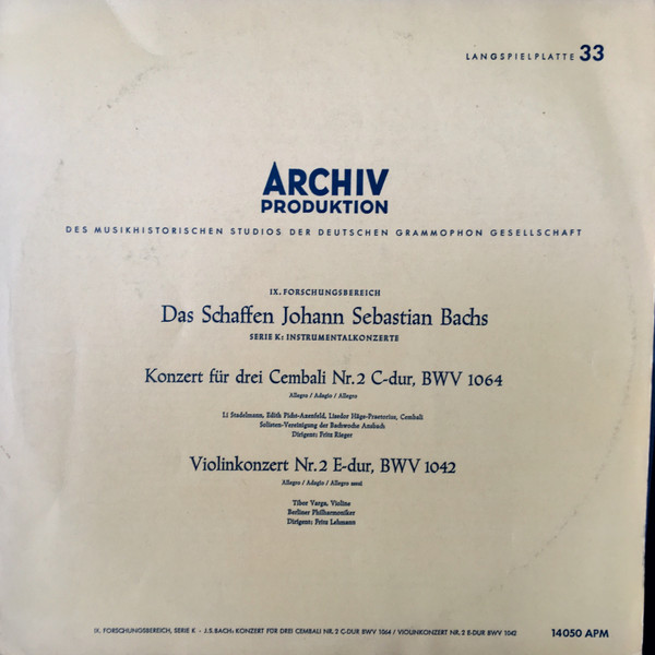 Cover Johann Sebastian Bach - Konzert Für Drei Cembali Nr. 2 C-dur Bwv 1064, Violinkonzert Nr. 2 E-dur Bwv 1042 (LP, Album, Mono, Sti) Schallplatten Ankauf