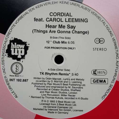 Cover Cordial Feat. Carol Leeming - Hear Me Say (Things Are Gonna Change) (12, Promo) Schallplatten Ankauf