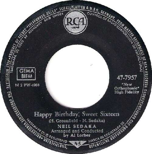 Cover Neil Sedaka - Happy Birthday, Sweet Sixteen (7, Single, Mono) Schallplatten Ankauf