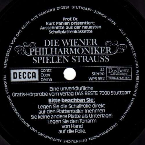 Cover Dr. Kurt Pahlen*, Wiener Philharmoniker, Strauss* - Die Wiener Philharmoniker Spielen Strauss (Flexi, 6, S/Sided, Promo) Schallplatten Ankauf