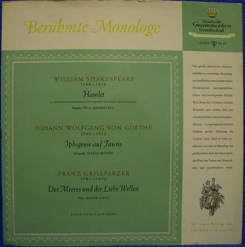 Cover William Shakespeare, Johann Wolfgang von Goethe, Franz Grillparzer, Will Quadflieg, Maria Becker, Käthe Gold - Berühmte Monologe (LP, Comp, Mono) Schallplatten Ankauf