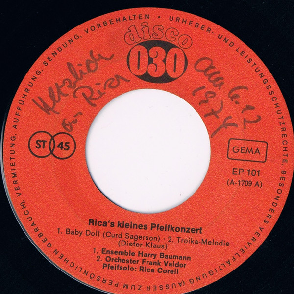 Cover Rica Corell, Orchester Frank Valdor, Ensemble Harry Baumann - Rica's Kleines Pfeifkonzert (7, EP) Schallplatten Ankauf