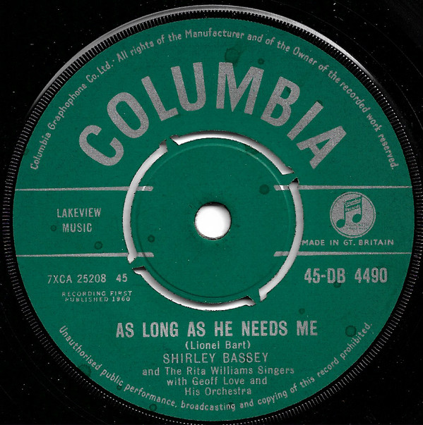 Cover Shirley Bassey With The Rita Williams Singers And Geoff Love & His Orchestra - As Long As He Needs Me (7, Single) Schallplatten Ankauf