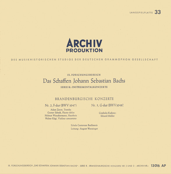 Cover Johann Sebastian Bach, Schola Cantorum Basiliensis, August Wenzinger - Brandenburgische Konzerte Nr. 2 F-dur, BWV 1047 Und Nr. 3 G-dur, BWV 1048 (10, Mono, RE) Schallplatten Ankauf