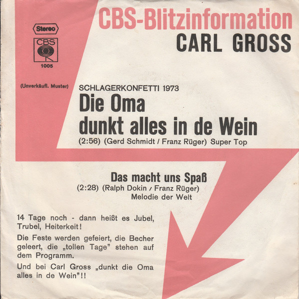 Cover Carl Gross - Die Oma Dunkt Alles In De Wein / Das Macht uns Spass (7, Single, Promo) Schallplatten Ankauf