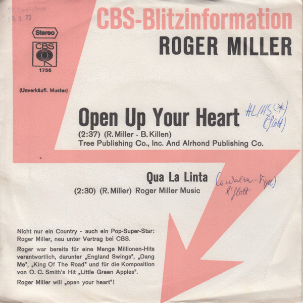 Bild Roger Miller - Open Up Your Heart / Qua La Linta (7, Single, Promo) Schallplatten Ankauf