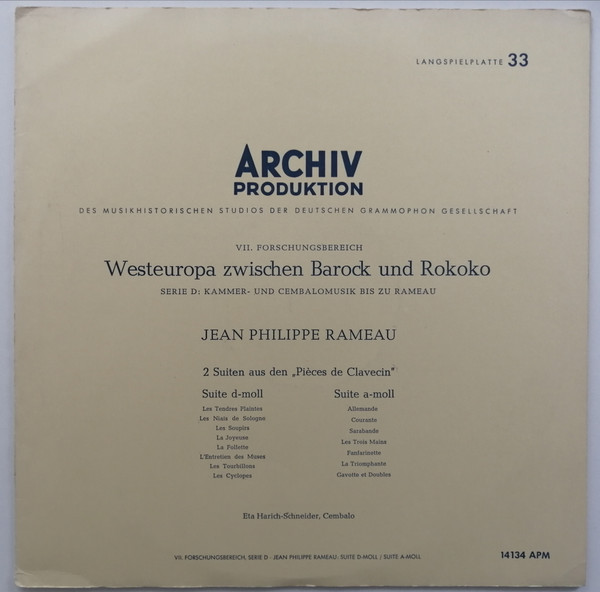 Cover Eta Harich-Schneider, Jean-Philippe Rameau - 2 Suiten aus den Pièces de Clavecin (LP, Album, Mono) Schallplatten Ankauf