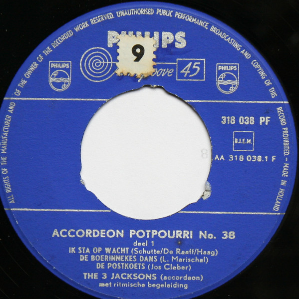 Cover The 3 Jacksons - Accordeon Potpourri No. 38 (7) Schallplatten Ankauf