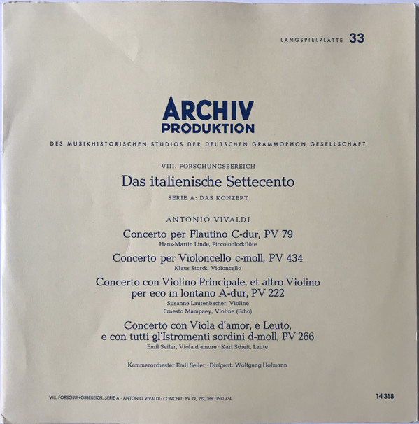 Bild Antonio Vivaldi, Kammerorchester Emil Seiler, Wolfgang Hofmann - Concerti / Das Italienische Settecento  (LP, Tri) Schallplatten Ankauf
