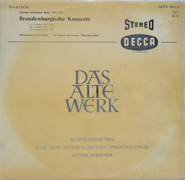 Cover Johann Sebastian Bach, Philomusica of London · Thurston Dart - Brandenburgische Konzerte Nr. 3, 4 Und 5 (LP) Schallplatten Ankauf