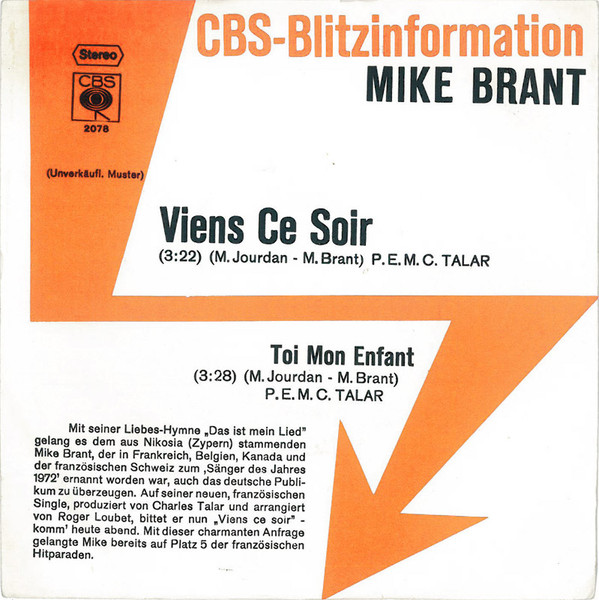 Cover Mike Brant - Viens Ce Soir (7, Single, Promo) Schallplatten Ankauf