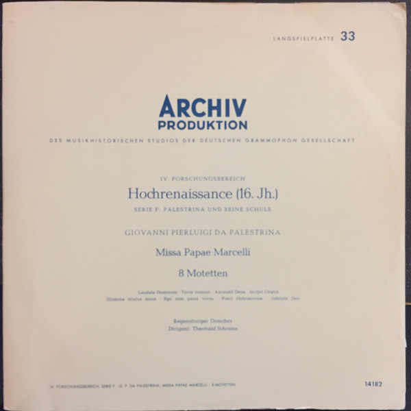 Cover Giovanni Pierluigi da Palestrina - Missa Papae Marcelli / 8 Motetten (LP, Album, Mono) Schallplatten Ankauf