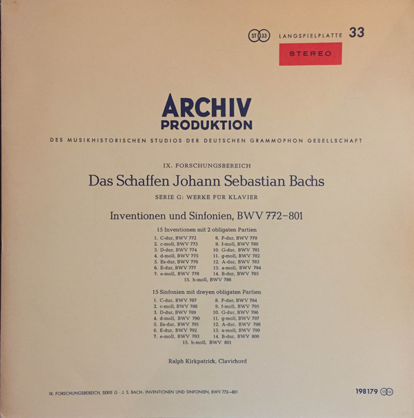 Cover Johann Sebastian Bach, Ralph Kirkpatrick - Inventionen Und Sinfonien, BWV 772-801 (LP, RE, Gat) Schallplatten Ankauf