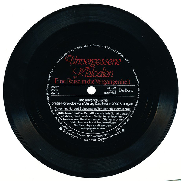 Cover Unknown Artist - Unvergessenen Melodien (Eine Reise In Die Vergangenheit) (Flexi, 6, S/Sided, Mono) Schallplatten Ankauf