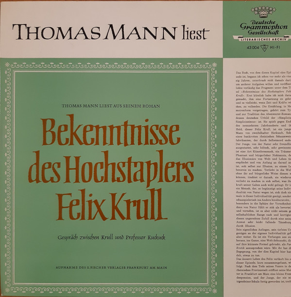 Cover Thomas Mann - Bekenntnisse Des Hochstaplers Felix Krull (LP, Album, Mono) Schallplatten Ankauf