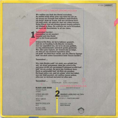 Klaus Lage 1000 Und 1 Nacht Zoom Text Klaus Lage Band - 1000 Und 1 Nacht (Zoom!) (7", Single) - Vinyl