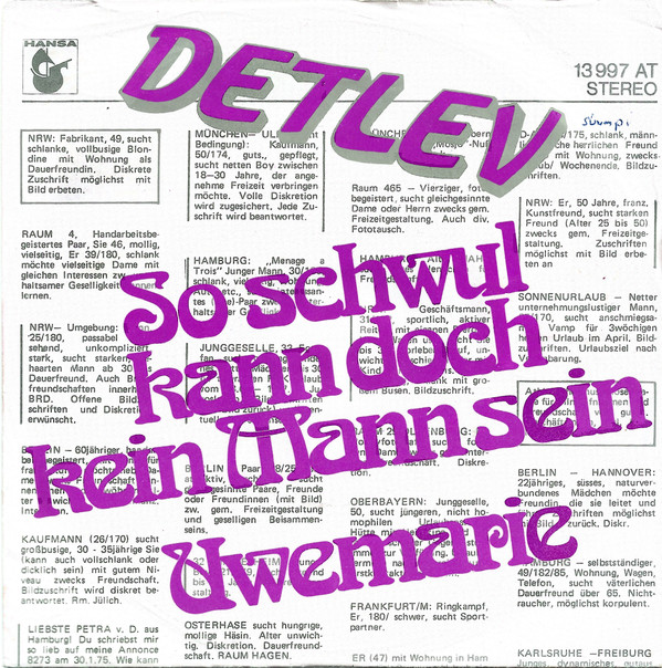 Cover Detlev - So Schwul Kann Doch Kein Mann Sein / Uwemarie (7, Single) Schallplatten Ankauf