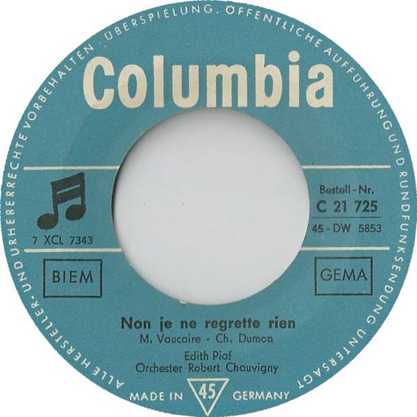Cover Edith Piaf - Non Je Ne Regrette Rien / Jerusalem (7, Single, M/Print) Schallplatten Ankauf