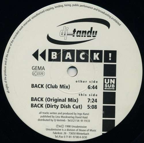 Cover DJ Tandu - Back! (12) Schallplatten Ankauf