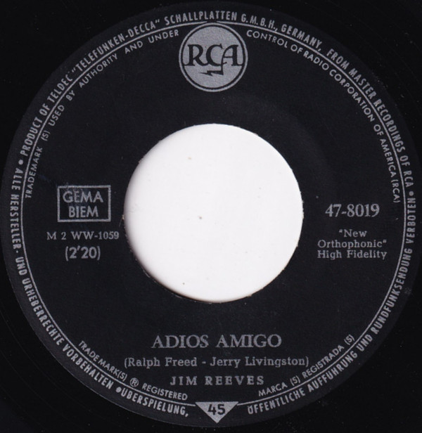 Cover Jim Reeves - Adios Amigo / A Letter To My Heart (7, Single) Schallplatten Ankauf