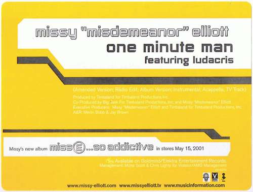 Cover Missy Misdemeanor Elliott* Featuring Ludacris - One Minute Man (12, Promo) Schallplatten Ankauf