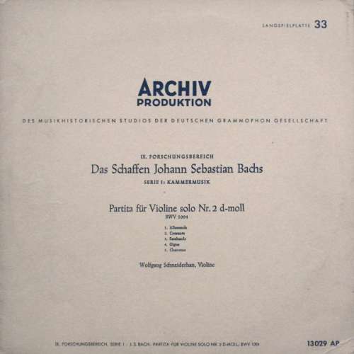 Cover Johann Sebastian Bach - Wolfgang Schneiderhan - Partita Für Violine Solo Nr. 2 D-Moll BWV 1004 (10, Mono) Schallplatten Ankauf