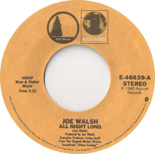 Cover Joe Walsh  /  Gilley's Urban Cowboy Band - All Night Long / Orange Blossom Special / Hoedown (7, Single, Styrene, Ter) Schallplatten Ankauf