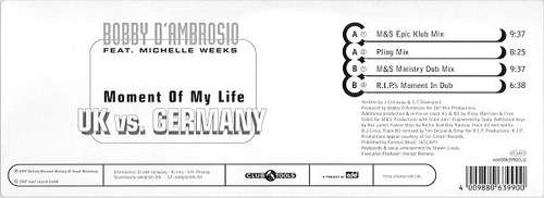 Cover Bobby D'Ambrosio Feat. Michelle Weeks - Moment Of My Life (UK vs. Germany) (12) Schallplatten Ankauf