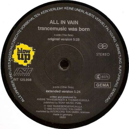 Cover All In Vain - Trance Music Was Born (12) Schallplatten Ankauf
