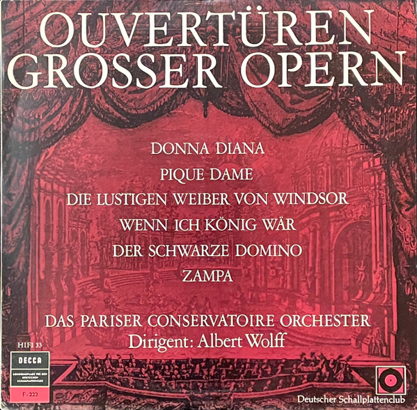 Cover Pariser Conservatoire-Orchester* ,Dirigent Albert Wolff - Ouvertüren Grosser Opern (LP, Album, Mono, Club) Schallplatten Ankauf