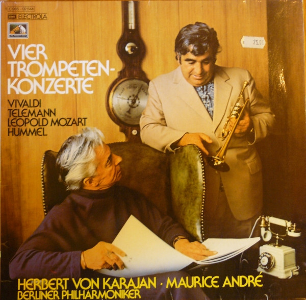 Cover Vivaldi*, Telemann*, Leopold Mozart, Hummel* — Herbert von Karajan · Maurice André - Berliner Philharmoniker - Vier Trompeten-Konzerte (LP, Club) Schallplatten Ankauf