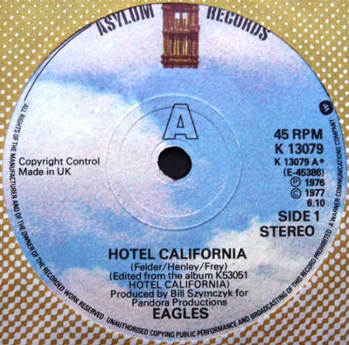 Cover Eagles - Hotel California (7, Single, Sol) Schallplatten Ankauf